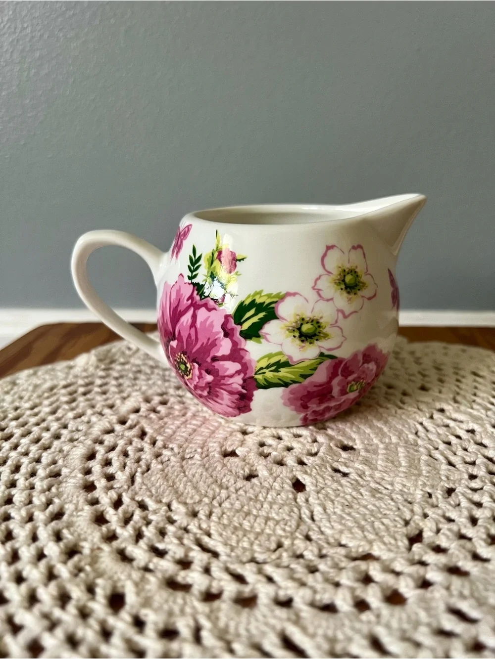 The English Table Ceramic Creamer Pitcher White Pink Flowers & Bird